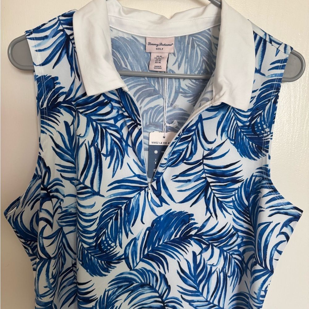 Tommy Bahama Golf Polo Shirt Womens XL Blue‎ White Sleeveless Sporty Travel